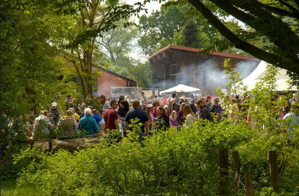 Blick auf den Hof mit vielen Gästen bei einem Frühlingsfest auf Hof Dannwisch