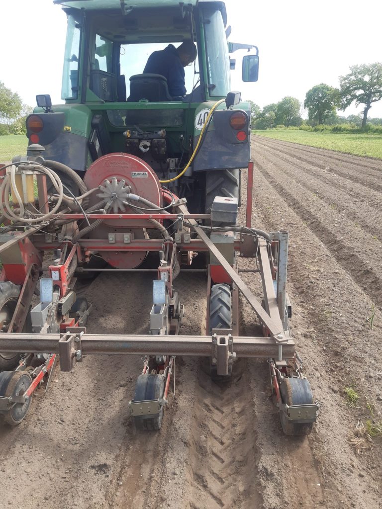 Solawi - Erntebrief KW 19 2 Trecker von hinten mit Sämaschine, um Möhren auszusäen